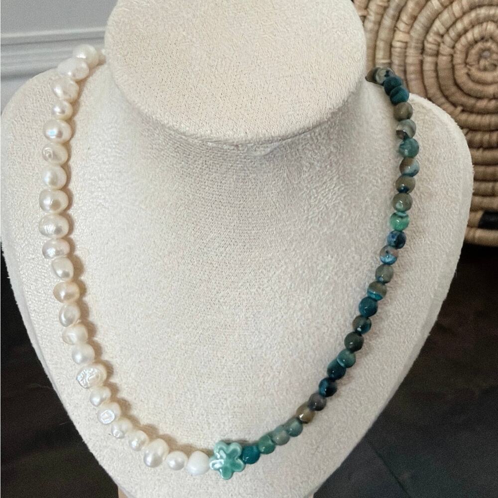 Second Bloom Studio Pearl Agate Ceramic Necklace 19.25" Teal Brown Gold Coastal